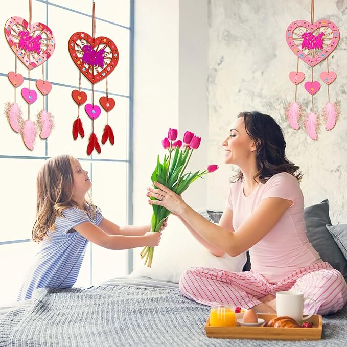 Fennoral 6 Pack Heart Dream Catcher Craft Kit for Kids Paint You Own Mother's Day Dream Catcher DIY Coloring Wooden Art and Craft for Art Activity Project Mom's Birthday Valentine's Day Decoration