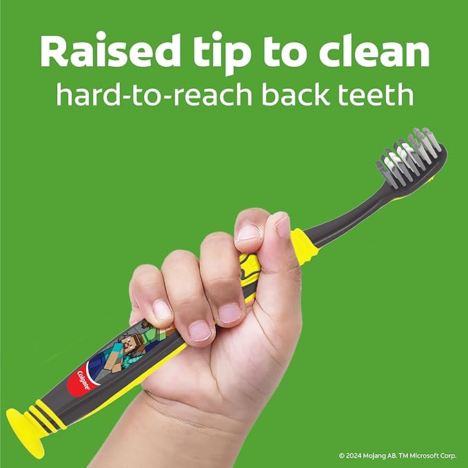 Colgate Kids Minecraft Toothbrush Pack, Extra Soft Toothbrushes for Kids, Includes Built-in Suction Cups for Easy Upright Storage, for Kids with Baby Teeth and Adult Teeth, 2 Count