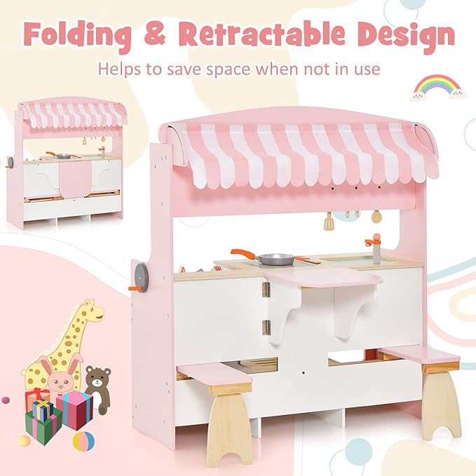 HONEY JOY Kids Kitchen Playset, 3-in-1 Double Side Wooden Little Chef Pretend Play Toy Kitchen Set for Toddlers & Barbecue Grill Set & Restaurant, Retractable Seat & Canopy, Gift for Boys Girls, Pink