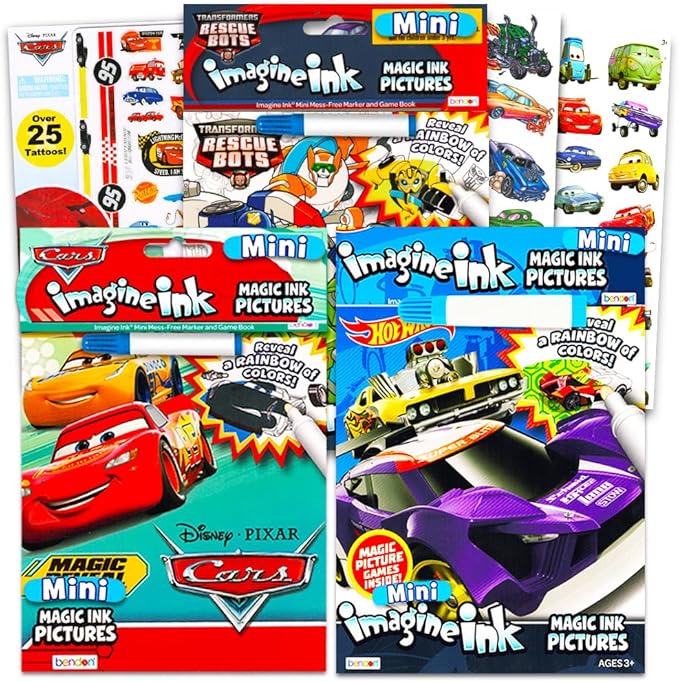 Disney Cars, Transformers, Hot Wheels Magic Ink Coloring Book Set Kids Toddlers - Bundle with 3 Imagine Ink Coloring Books with Invisible Ink Pens, Cars Temporary Tattoos and Cars Stickers
