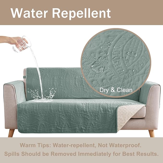 Sage Green Quilted Sofa Cover, Anti-Slip Medallion Designed Couch Covers for 3 Cushion Couch, Sofa Slipcovers for Dogs Cats Water-Repellent, Machine Washable (Large Sofa 68", Sage Green)