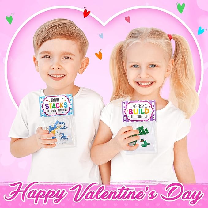 Valentines Day Gifts for Kids - 24 Pack Animal Building Block Set with Valentines Day Cards for Kids Classroom School, Kid Party Favors Goodie Bags Bulk Classmate Exchange Gift Classroom Prize