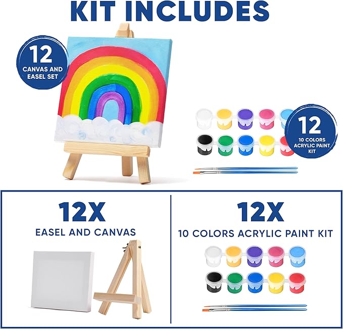 Set of 12 Mini 4x4 Canvas and Easel Set with 10 Colors Acrylic Paint - Bulk Kids Art Party Favors & Supplies - Mini Paint Party Kits - Kids Canvas Painting Set - Paint & Sip Kit