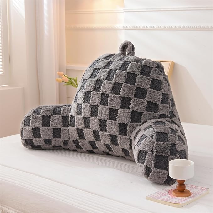 Aimuan Reading Pillow Checkered Bed Rest Wedge Backrest Checkerboard Pillow with Arms Back Support for Sitting Up in Bed Cushion Incline Rest Sleeping Snoring Pillow (Dark Grey,Large)