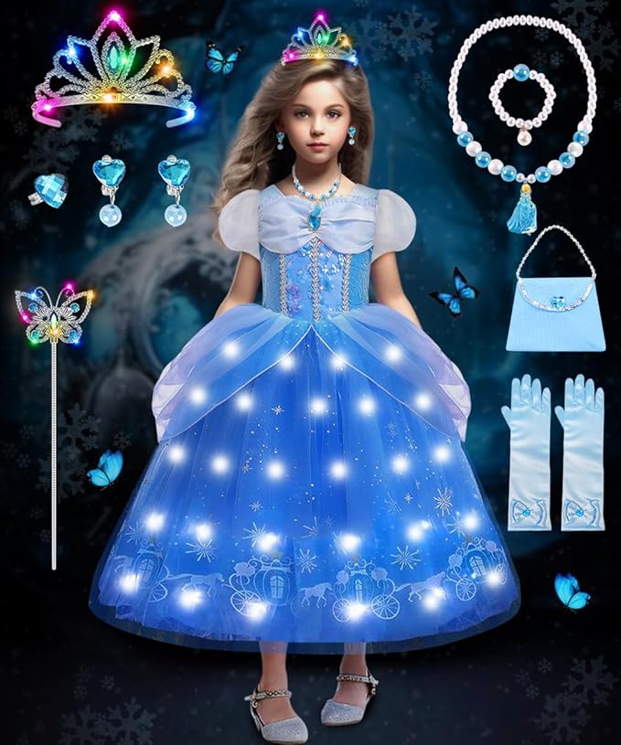 TOLOYE Princess Dress Up for Girls, Princess Costume for Girls Light Up with Accessories for Halloween Carnival Cospaly