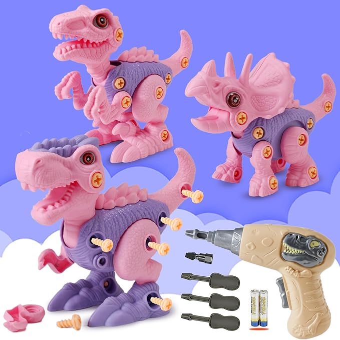 FREE TO FLY Girl Toys Take Apart Dinosaur: Pink Dinosaur Toys for Kids 3-5 5-7 Stem Learning Educational Montessori Toys for 3 4 5 6 7 8 Year Old Girls Toddlers Autism Sensory Xmas Birthday Gifts