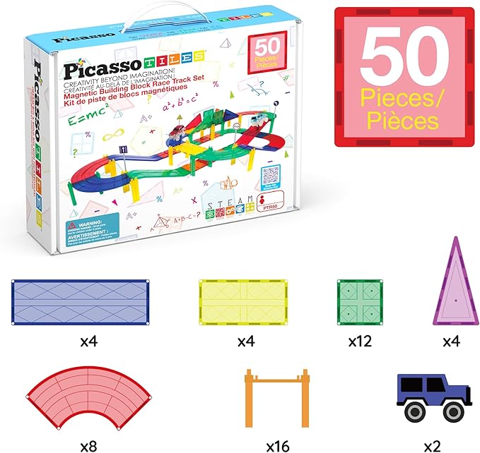 PicassoTiles 50 Piece Race Car Track Building Block Educational Toy Set Magnetic Tiles Magnet DIY Playset 2 Light Up STEM Learning Construction Kit Hand-Eye Coordination Fine Motor Skill Training