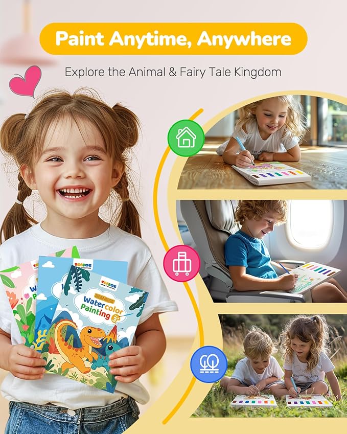 TECJOE 3 Pack Paint with Water Coloring Books for Toddlers, Watercolor Paint Set with 6 Brushes, Painting Activity for Kids Ages 4 5 6 7 8, Arts & Crafts Toy, Princess, Dinosaur & Sea