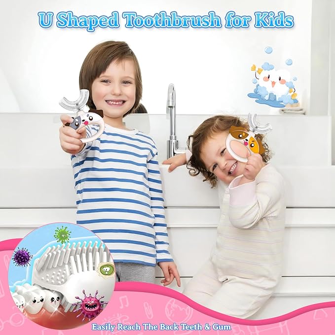 Toddler Toothbrush - U Shaped Cute Dog Toothbrush Kids with Food Grade Soft Silicone Brush, 360° Manual Oral Teeth Cleaning Design for Infant & Age 1 2 3 4, 2 PCS