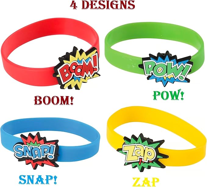 Superhero Stretchy Rubber Bracelets 12 Pack (6") Colorful Wristbands with Comic Super Hero Action Sayings Snap! Pow! Boom! Zap. Great for Birthday, Party Favors (Superhero Bracelets, 12)