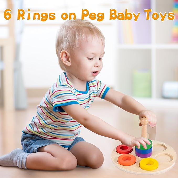 Adena Montessori Wooden Stacking and Sorting Ring,Wooden 6 Rings on Peg,Wooden Rainbow Stacking Rings Baby Toy, Stacker Toys for Infants and Toddlers,Wood Educational Developmental Toy Multicolor