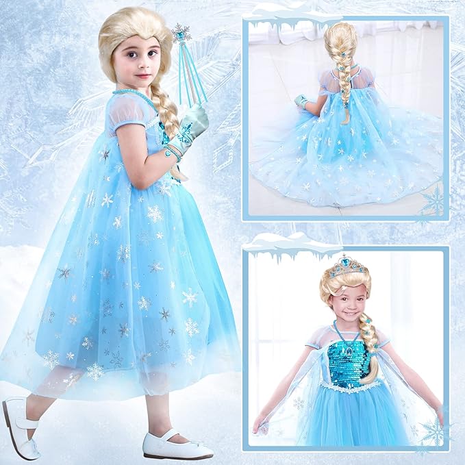 Tacobear Elsa Costume for Girls Kids Elsa Wig Blue Crown Glove Princess Dress Up Accessories Birthday Cosplay Outfit