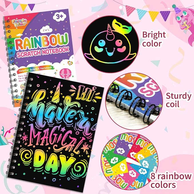 Kids Art Party Favors Gifts: 24 Pack Rainbow Scratch Art Notebook Paper Birthday Party Favor Toy Girls Boys Art Craft Kit Bulk Classroom Goodie Bags Gift Stocking Stuffers Halloween