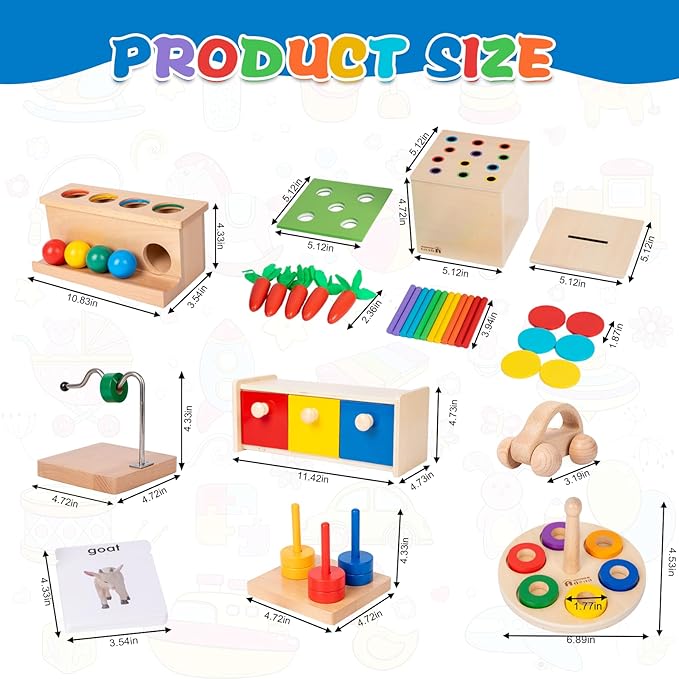 Adena Montessori Play Kit for 13-15 Month Baby,10 in 1 Wooden Learning Educational Toys for Toddler,Include Color Pegs&Rings,Object Permanence Ball Push and More,Christmas Birthday Gift for Boys Girl