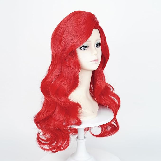 Probeauty Mermaid Wig, Red Long Wave Cosplay Wig with Necklace Bracelet Earrings Ring for Halloween Costume 21 Inches