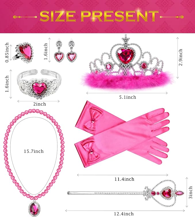 Princess Dress Up Accessories Princess Gloves, 7pcs Dress Up Set for Toddler Girls (Rose, 7PCS)