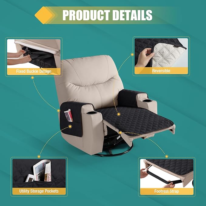 Ruaozz Waterproof Recliner Chair Covers Non Slip Chair Covers Recliner Seat Cover with Arms Washable Recliner Covers for Reclining Chair with Pocket, Covers for Recliner Chair (Black, Small-22'')