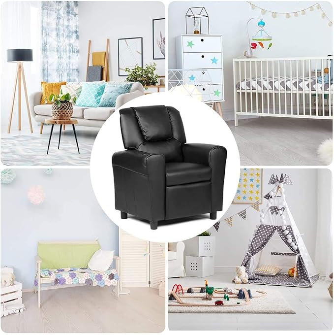 ARLIME Kids Recliner chair, toddler Armchair Upholstered Couch with Cup Holder, Backrest, baby Leather sofa with Headrest and Footrest, Child Furniture for Ages 2-7 (Black)
