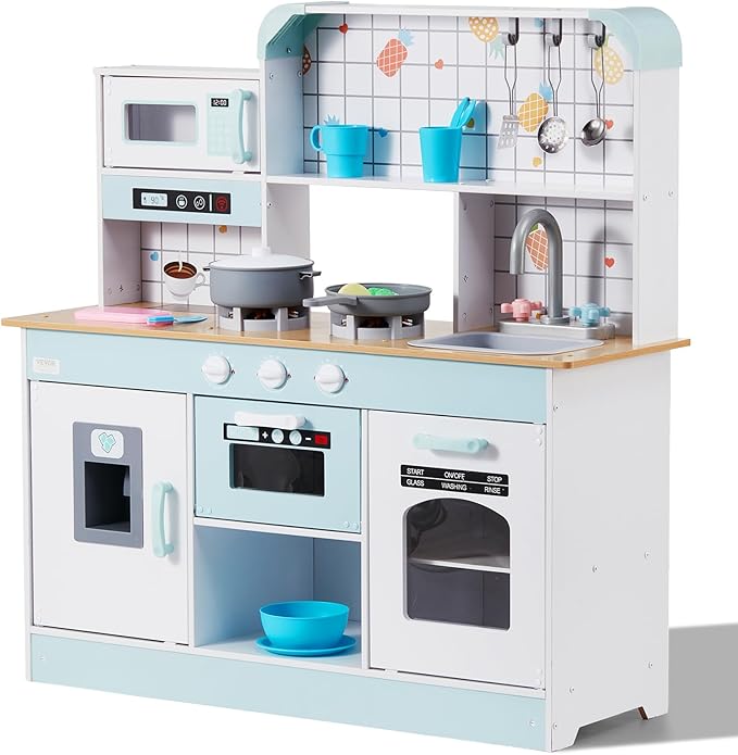 VEVOR Wooden Play Kitchen Toy, Play Kitchen for Kids with Lights and Sounds, Toddler Kitchen with Ice Maker, Oven, Sink, Microwaves, Fridge and Utensil and Fruit Accessory for Toddlers Ages 3-8, White