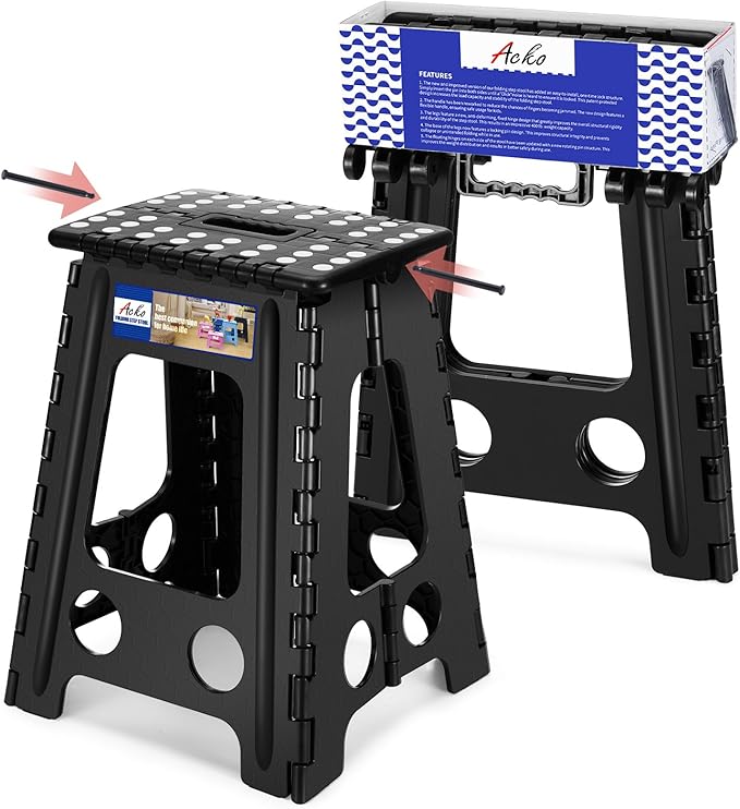 ACKO Folding Step Stool Foldable 17.5 Inch Stool 400 lbs Capacity,Plastic Stools for Adults and Kids,Collapsible Stool for Kitchen, Stepping Stool with Handle(Black)