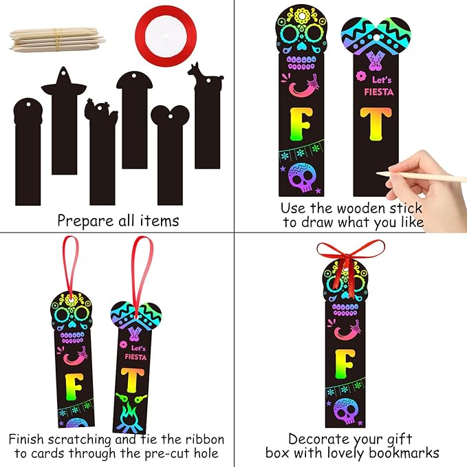 WATINC 60pcs Fiesta Scratch Bookmarks for Kids, Mexican Scratch Off Cards Art Craft Kit, Cinco De Mayo Magic Color DIY Drawing Paper, Mexico Classroom School Home Party Favors Hanging Decor