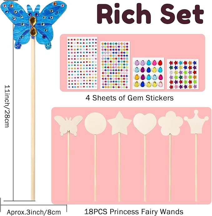 Pllieay Princess Fairy Wands Kit Include 18 Pieces 6 Styles Unfinished Wooden Princess Wand and 4 Gem Stickers Princess Art Magical Show for Party Supplies