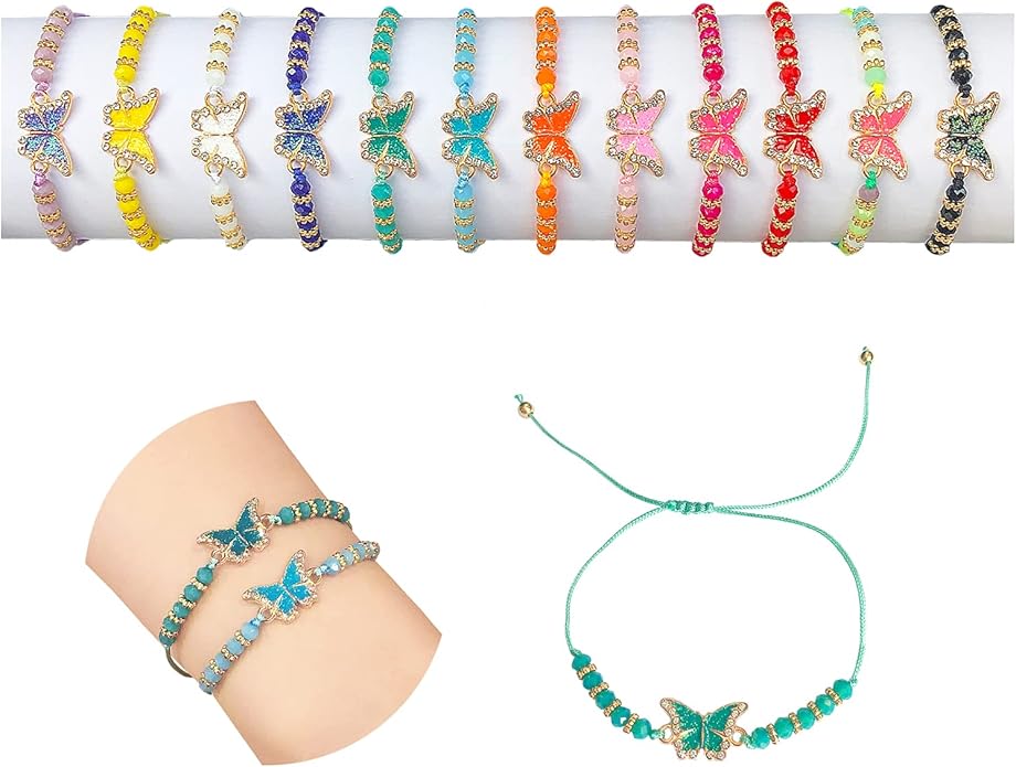 12pc Women Girl Rhinestone Butterfly Bracelet Value Set Kids Party Favor Adjustable Bracelet, Crystal