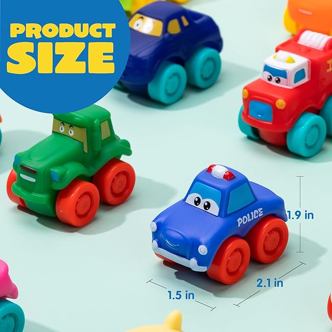 JOYIN Cartoon Cars, Soft Rubber Toy Car Set, Mini Vehicles, Bath Toy Car for Toddlers, Gift for Boys and Girls Christmas Birthday, Summer Beach and Pool Activity, Party Favors for Kids