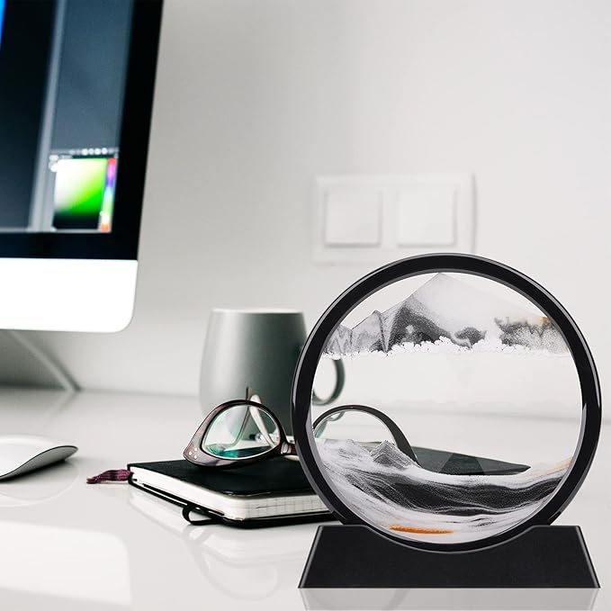 QLKUNLA Moving Sand Art Picture Liquid Motion 3D Deep Sea Sandscape in Motion Display Flowing Sand Frame Relaxing Desktop Home Office Work Decor Art Toys (7 inch, Black)