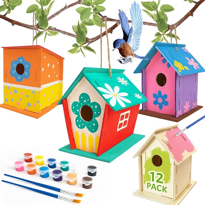 ORIENTAL CHERRY Crafts for Kids Ages 4-8 - 12 Pack DIY Bird House Kit - Build and Paint Birdhouses Wooden Arts Kits - Easter Basket Stuffers Gifts for Kids Girls Boys Toddlers Ages 3-5 4-6 6-8 8-12