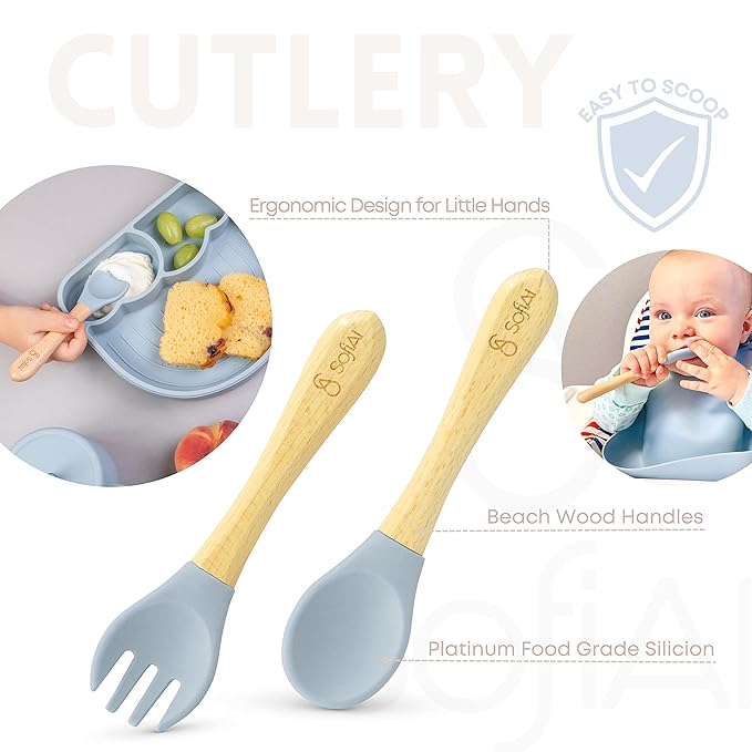 All In One Silicone Baby Feeding Set By SofiAl - Safe for 6-12 Months - Non-Toxic Baby Led Weaning Supplies - Toddler Self Feeding Utensils - BPA-Free - Mess Free Baby Feeding Essentials
