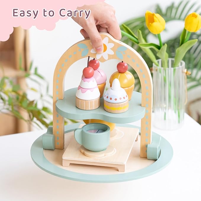 Wooden Tea Party Set,Toddler Tea Set with Cake Stand,Tea Sets for Toddlers 3-5，Pretend Play Tea Set Toy，Non-Toxic Wooden Tea Set for Little Girls Toddler Wood Tea Set Birthday