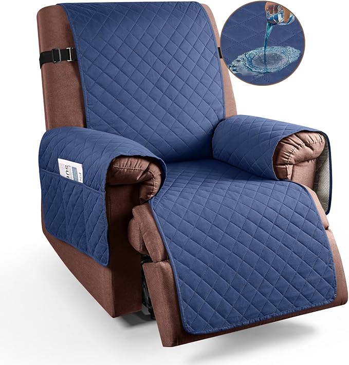 KinCam 100% Waterproof Recliner Chair Cover, Reclining Couch Covers for Pets, Dogs, Recliner Couch Slipcover Furniture Protector with Elastic Straps for Kids(28", Blue)