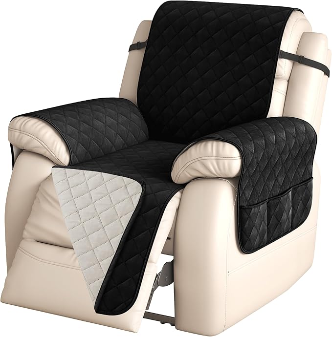 CHUN YI Recliner Chair Cover, Non-Slip Recliner Covers That Stay in Place, Washable Lazy Boy Recliner Covers with Pockets, Water Resistant Recliner Slipcover for Pets (Black, Large Recliner)