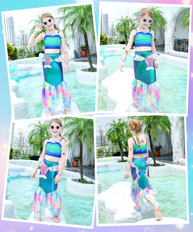 Mermaid Costume Dress, Mermaid Princess Dress for Girls with Wig Headband Necklace for Birthday Party Cosplay