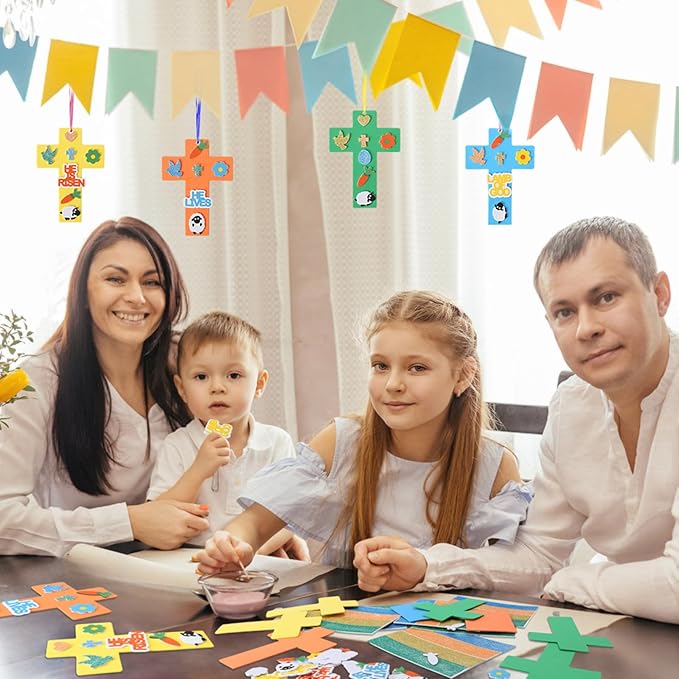 Fennoral 24 Pack Easter Cross Craft Kit for Kids Make You Own Cross Foam Stickers Ornament DIY Easter Arts and Crafts for Spring Party Supplies Easter Decoration
