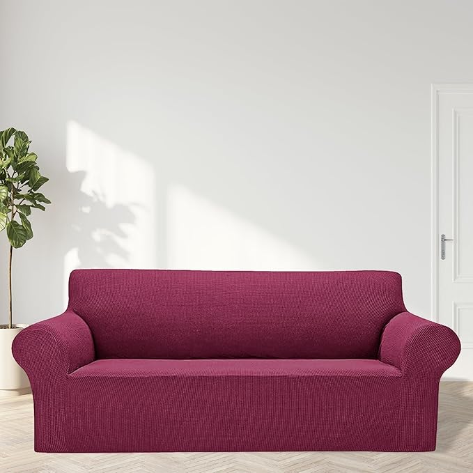 2025 New Stretch Sofa Slipcovers Couch Cover for 3 Cushion Furniture Protector Sofa Covers with Elastic Bottom Jacquard Fabric Small Checks for Pets, Kids -Sofa, Wine