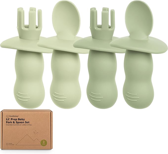 KeaBabies 4-Pack Silicone Baby Spoons and Forks Set - Baby Spoon Self Feeding, BLW Baby Utensils 6-12 Months, Baby Led Weaning Feeding Spoon, Teething Infant Baby First Food Training Pre Spoon (Sage)