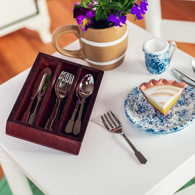 The Queen's Treasures 18 Inch Doll Kitchen Food Accessories,13 Piece Colonial Flatware Utensil Set, 4 Knives, 4 Forks, 4 Spoons, and Wooden Silverware Tray. Compatible For Use With American Girl Dolls