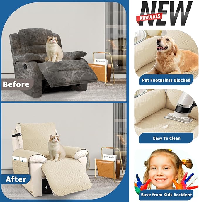XINEAGE 100% Waterproof Recliner Cover, Non Slip Recliner Chair Cover with Elastic Band, Washable Recliner Slipcover with Storage Pockets for Kids, Pets (Beige, 23")