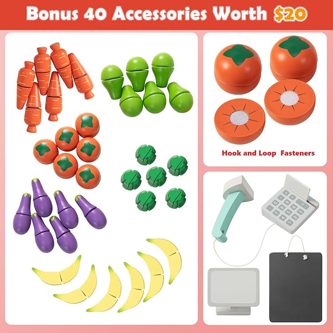 INFANS Grocery Store Marketplace Toy, Wooden Market Stand Pretend Play Set with Chalkboard Cash Register 36 Fruit Veggies Pieces POS Machine Shop Playset Gift for Boys Girls Ages 3+