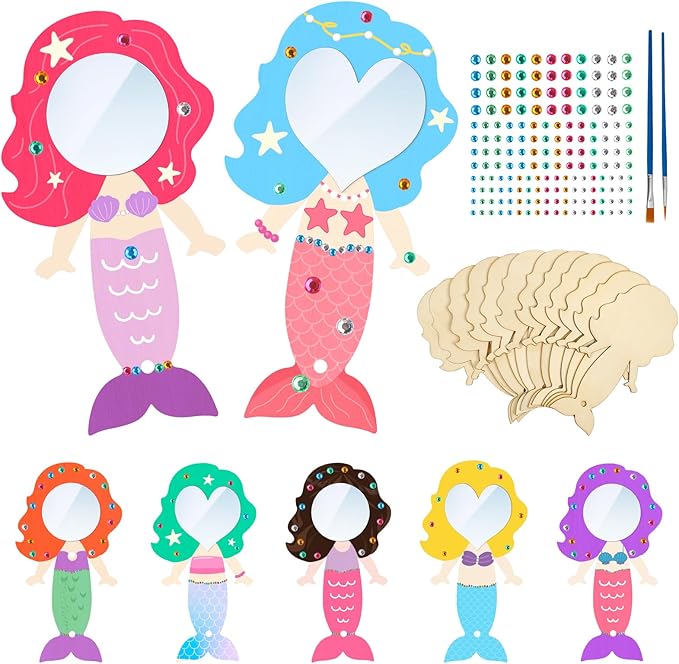 Fennoral 12 Pack Wooden Mirror Craft for Kids Make You Own Mermaid Mirror DIY to Paint Wooden Arts and Crafts for Grils Hand Mirror for Art Activities Project Birthday Gifts