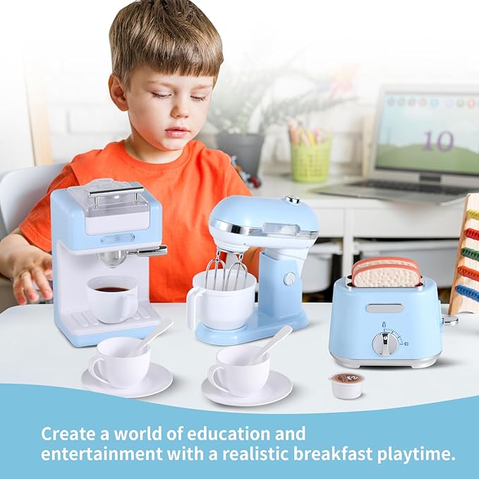 Kitchen Appliances Toys, Play Kitchen Accessories, Toy Kitchen Appliances for Kids, Pretend Kitchen Toys with Coffee Maker, Mixer and Toaster, Toy Kitchen Set Birthday Gift for Kids Ages 3+ (Blue)
