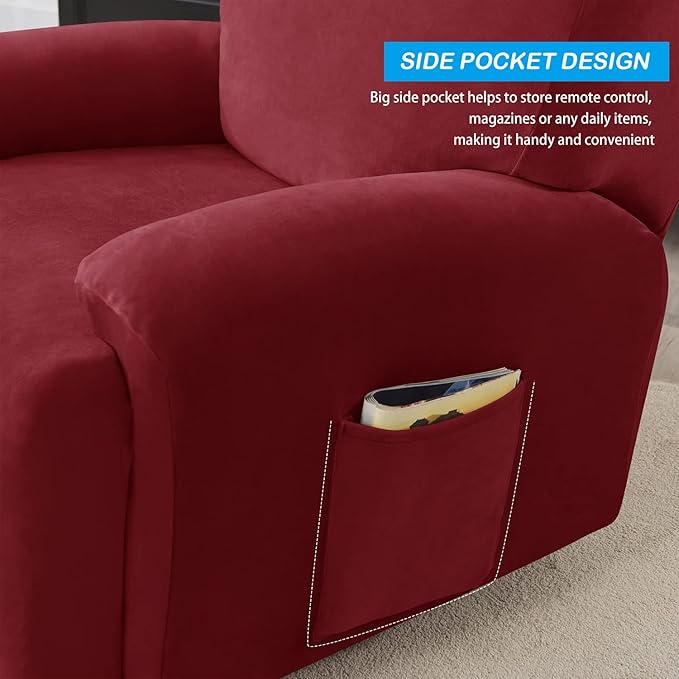 OBCREAT High Stretch Recliner Chair Cover Soft Velvet Recliner Slipcovers 4 Pieces Lazy Boy Recliner Couch Covers Plush Furniture Protector for Kids Pets (Wine Red)