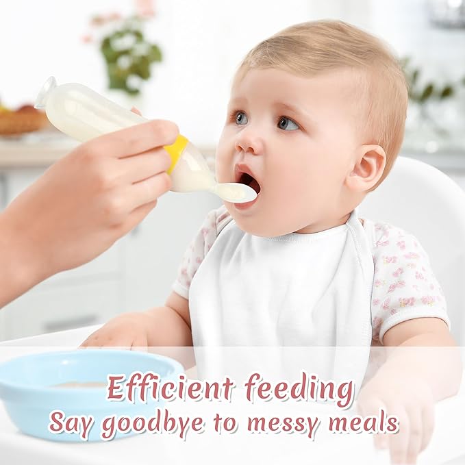 Baby Food Feeder Silicone Baby Food Dispensing Spoon-WAJIAYON, 3 oz Squeeze Feeding Spoons with Suction Cup for Boys Girl Kids Toddlers - Self Feeding Bottle Spoon-Pink