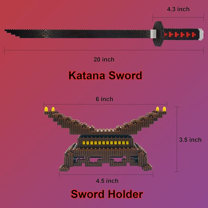Demon Slayer Sword Building Kit, 19in Cosplay Anime Tanjiro Samurai Swords Building Blocks with Sword Stand, Demon Slayer Katana Swords Model Building Toy Gift for Kids, Adults