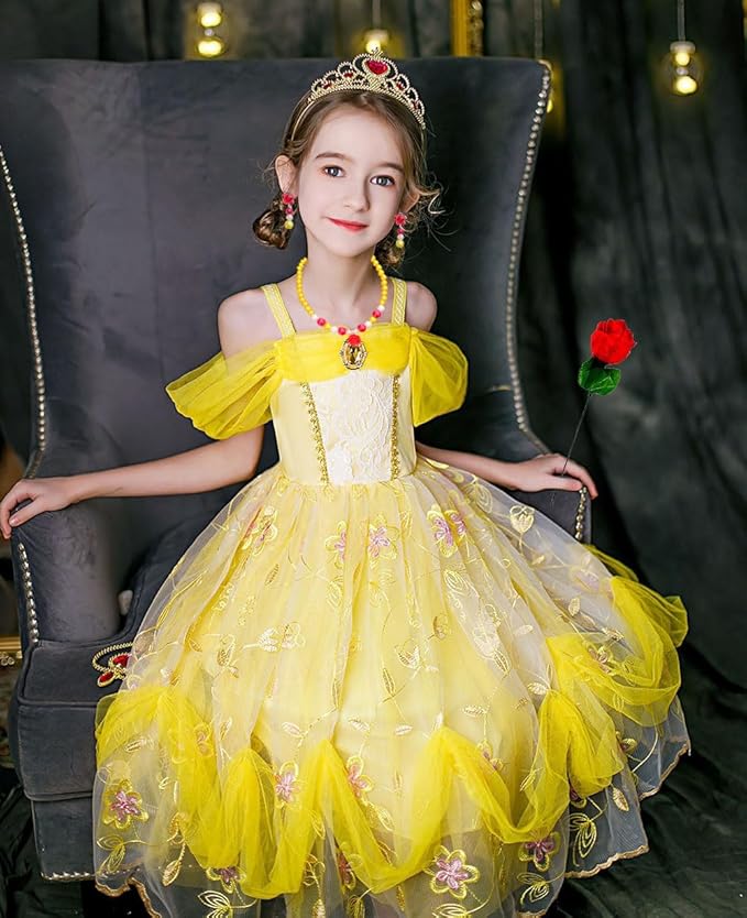 Princess Belle Costume Dress up Accessories for Girls Belle Gloves Tiara Crown Necklace Earrings Bracelet Ring Hair Bow and Rose Flower Set Princess Halloween Cosplay Accessories Christmas Gifts Set