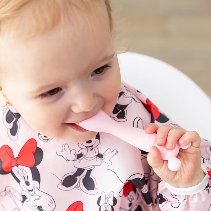 Bumkins Disney Baby Bowl, Silicone Feeding Set with Suction for Baby and Toddler, Includes Spoon and Lid, Essentials for Baby Led Weaning,for Babies 4 Months, Minnie Mouse Light Pink