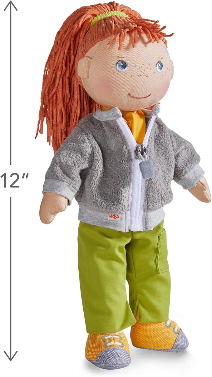 HABA Soley 12" Soft Doll with Red Hair, Embroidered Face, Removable Pants and Jacket - Machine Washable for Ages 18 Months +