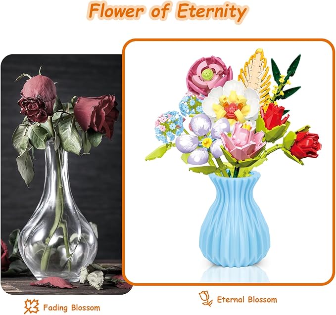 Flowers Bouquet Building Set with Vase, 8 Kinds Artificial Flowers Bouquet Set for Adults, Women, Girls, Idea Gifts for Mother's Day, Birthdays, DIY Unique Decoration for Home Room, 691PCS